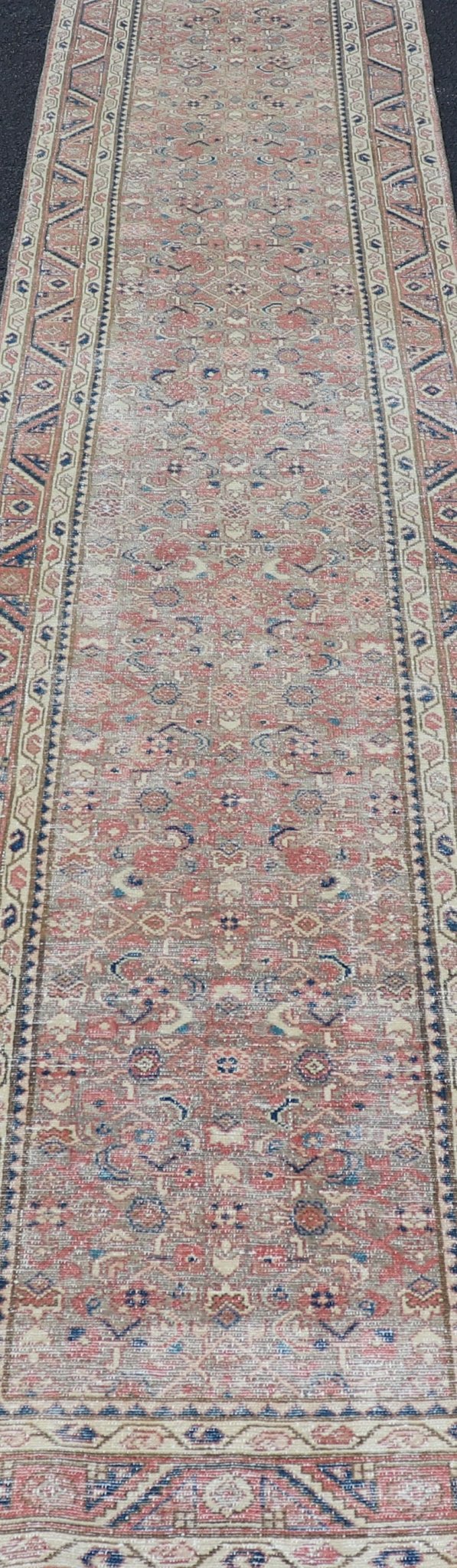 Antique Persian Malayer Runner in Tones of Blue, Salmon, Cream, and Tans Long Persian Malayer runner with small pattern in all - over design. Fine Persian Malayer Runner in soft tones of blue, salmon, cream, and earthy tones. Antique Persian rug ... - Keivan Woven ArtsZIR - 64 - KV - 13 - P13815 - 15048