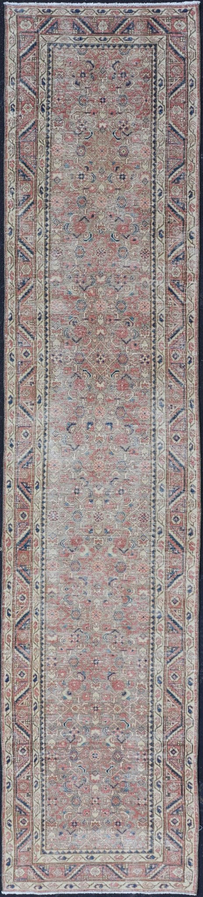 Antique Persian Malayer Runner in Tones of Blue, Salmon, Cream, and Tans Long Persian Malayer runner with small pattern in all - over design. Fine Persian Malayer Runner in soft tones of blue, salmon, cream, and earthy tones. Antique Persian rug ... - Keivan Woven ArtsZIR - 64 - KV - 13 - P13815 - 15048