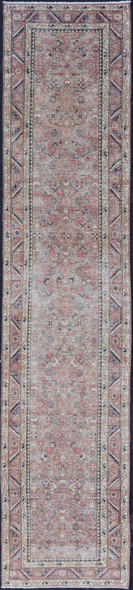 Antique Persian Malayer Runner in Tones of Blue, Salmon, Cream, and Tans Long Persian Malayer runner with small pattern in all - over design. Fine Persian Malayer Runner in soft tones of blue, salmon, cream, and earthy tones. Antique Persian rug ... - Keivan Woven ArtsZIR - 64 - KV - 13 - P13815 - 15048