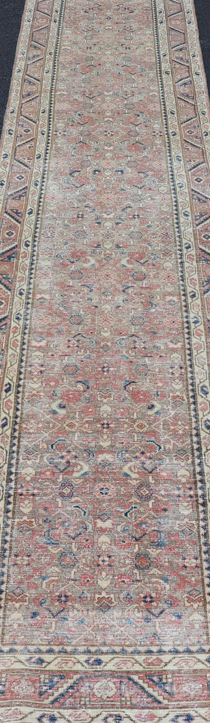 Antique Persian Malayer Runner in Tones of Blue, Salmon, Cream, and Tans Long Persian Malayer runner with small pattern in all - over design. Fine Persian Malayer Runner in soft tones of blue, salmon, cream, and earthy tones. Antique Persian rug ... - Keivan Woven ArtsZIR - 64 - KV - 13 - P13815 - 15048Rug