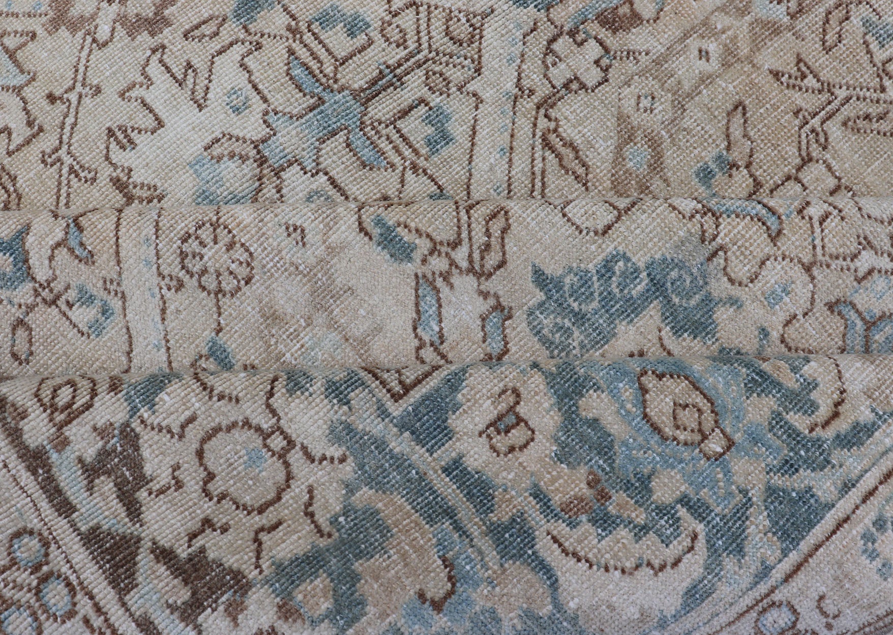 Blue, brown and Tan Persian Antique Tabriz Rug with All - Over Geometric Design. Tan background Persian Tabriz rug with geometric design, rug ZIR - 65 - KV - 11, country of origin / type: Iran / Tabriz, circa 1930. This magnificent early 20th centur... - Keivan Woven ArtsZIR - 65 - KV - 11 - 15054