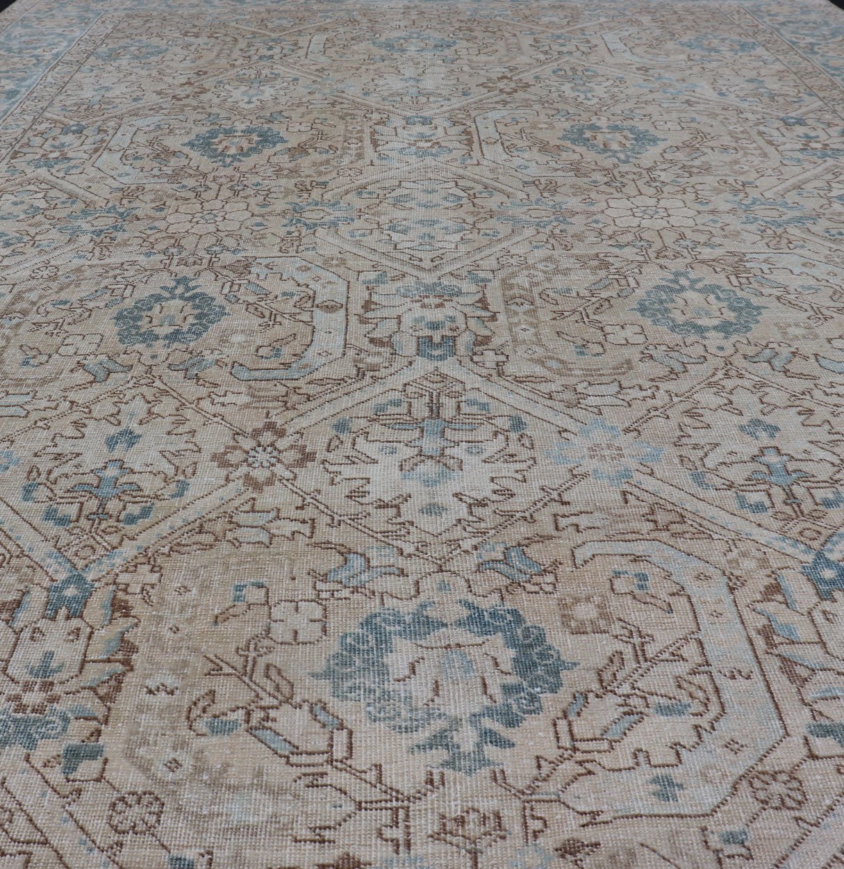 Blue, brown and Tan Persian Antique Tabriz Rug with All - Over Geometric Design. Tan background Persian Tabriz rug with geometric design, rug ZIR - 65 - KV - 11, country of origin / type: Iran / Tabriz, circa 1930. This magnificent early 20th centur... - Keivan Woven ArtsZIR - 65 - KV - 11 - 15054
