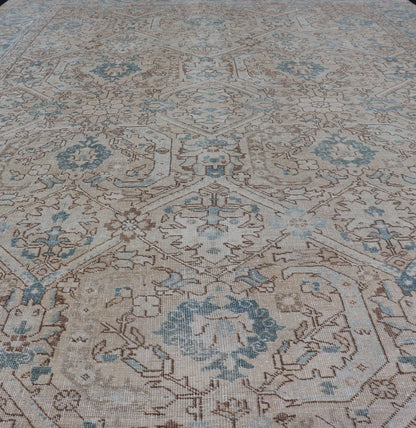Blue, brown and Tan Persian Antique Tabriz Rug with All - Over Geometric Design. Tan background Persian Tabriz rug with geometric design, rug ZIR - 65 - KV - 11, country of origin / type: Iran / Tabriz, circa 1930. This magnificent early 20th centur... - Keivan Woven ArtsZIR - 65 - KV - 11 - 15054