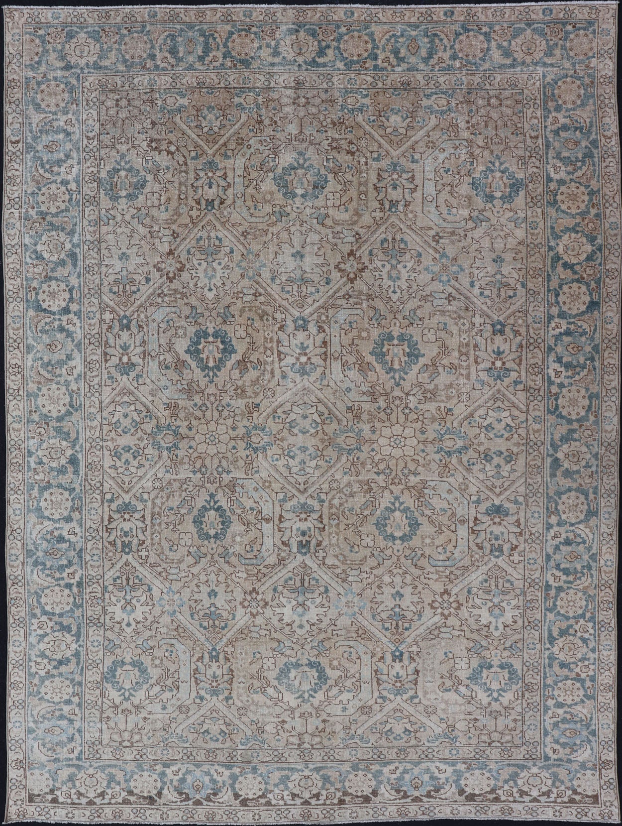 Blue, brown and Tan Persian Antique Tabriz Rug with All - Over Geometric Design. Tan background Persian Tabriz rug with geometric design, rug ZIR - 65 - KV - 11, country of origin / type: Iran / Tabriz, circa 1930. This magnificent early 20th centur... - Keivan Woven ArtsZIR - 65 - KV - 11 - 15054