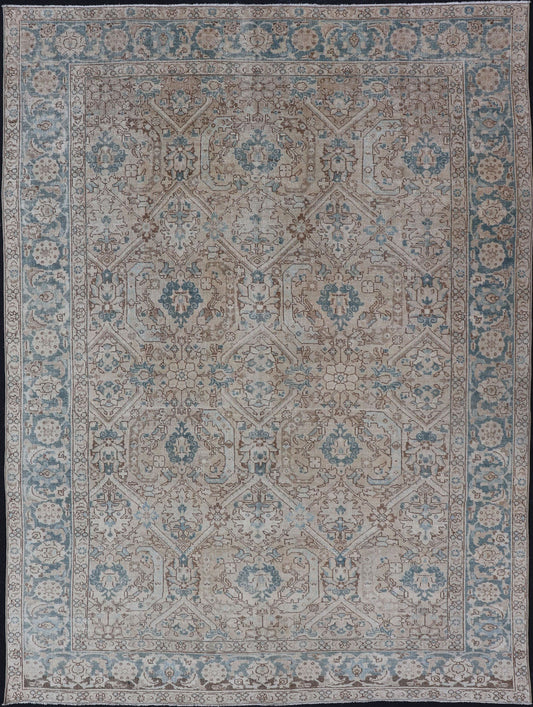 Blue, brown and Tan Persian Antique Tabriz Rug with All - Over Geometric Design. Tan background Persian Tabriz rug with geometric design, rug ZIR - 65 - KV - 11, country of origin / type: Iran / Tabriz, circa 1930. This magnificent early 20th centur... - Keivan Woven ArtsZIR - 65 - KV - 11 - 15054
