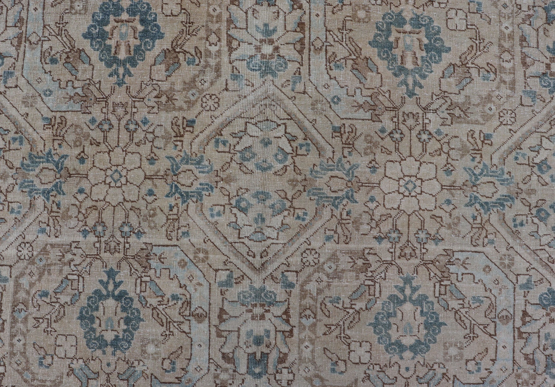 Blue, brown and Tan Persian Antique Tabriz Rug with All - Over Geometric Design. Tan background Persian Tabriz rug with geometric design, rug ZIR - 65 - KV - 11, country of origin / type: Iran / Tabriz, circa 1930. This magnificent early 20th centur... - Keivan Woven ArtsZIR - 65 - KV - 11 - 15054