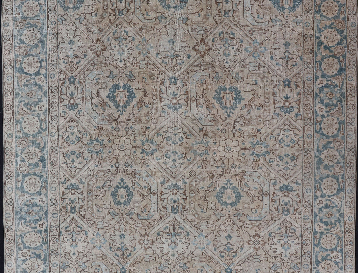 Blue, brown and Tan Persian Antique Tabriz Rug with All - Over Geometric Design. Tan background Persian Tabriz rug with geometric design, rug ZIR - 65 - KV - 11, country of origin / type: Iran / Tabriz, circa 1930. This magnificent early 20th centur... - Keivan Woven ArtsZIR - 65 - KV - 11 - 15054