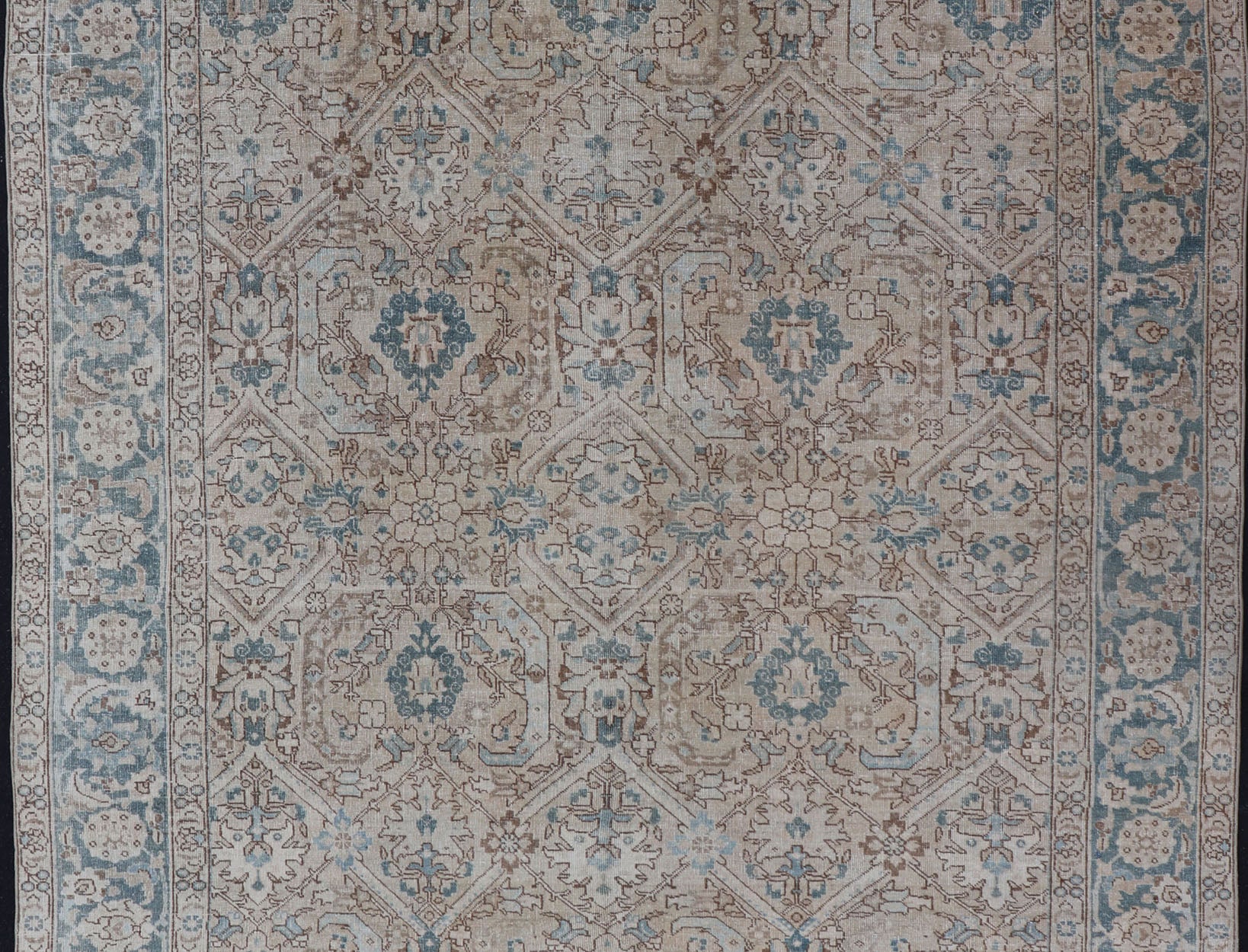 Blue, brown and Tan Persian Antique Tabriz Rug with All - Over Geometric Design. Tan background Persian Tabriz rug with geometric design, rug ZIR - 65 - KV - 11, country of origin / type: Iran / Tabriz, circa 1930. This magnificent early 20th centur... - Keivan Woven ArtsZIR - 65 - KV - 11 - 15054