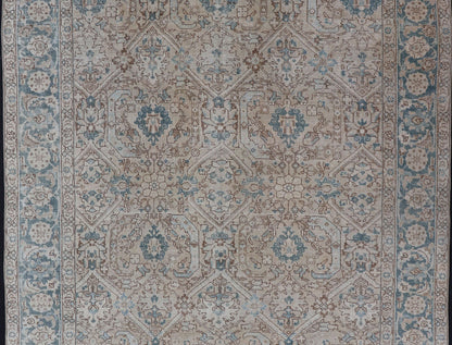 Blue, brown and Tan Persian Antique Tabriz Rug with All - Over Geometric Design. Tan background Persian Tabriz rug with geometric design, rug ZIR - 65 - KV - 11, country of origin / type: Iran / Tabriz, circa 1930. This magnificent early 20th centur... - Keivan Woven ArtsZIR - 65 - KV - 11 - 15054