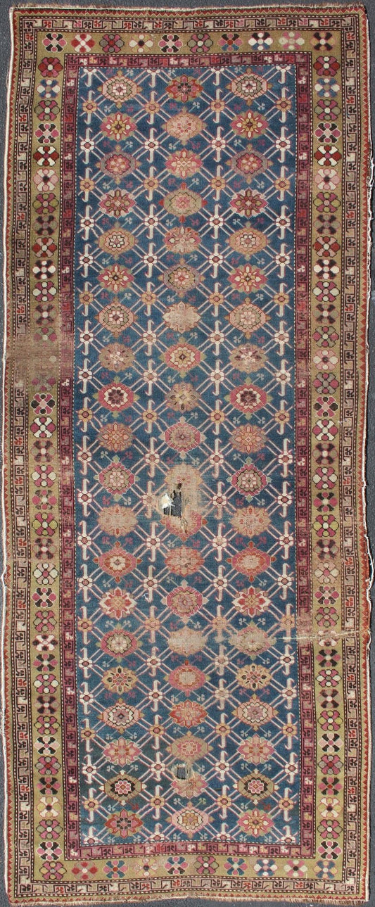 Antique Caucasian Karabagh Runner with Repeating Flower Design. Geometric flower design antique Karabagh runner from Caucasus, rug zir - 7, country of origin / type: Caucasus / Karabagh, circa 1900 This antique runner was woven in the Karabagh reg... - Keivan Woven ArtsZIR - 7 - 9882